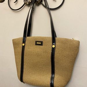 Eric Javits Squishee Raffia Tote With Black Patent Leather Trim